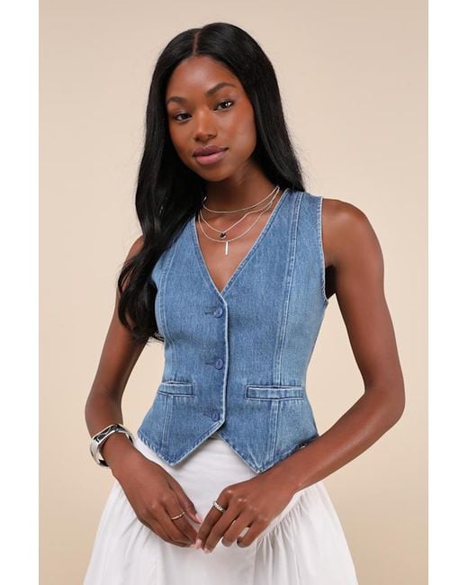 Lulus Blue Coveted Appeal Medium Wash Denim Vest