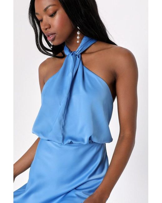 Lulus Blue Sleek Essence Satin Halter Sleeveless Mini Dress