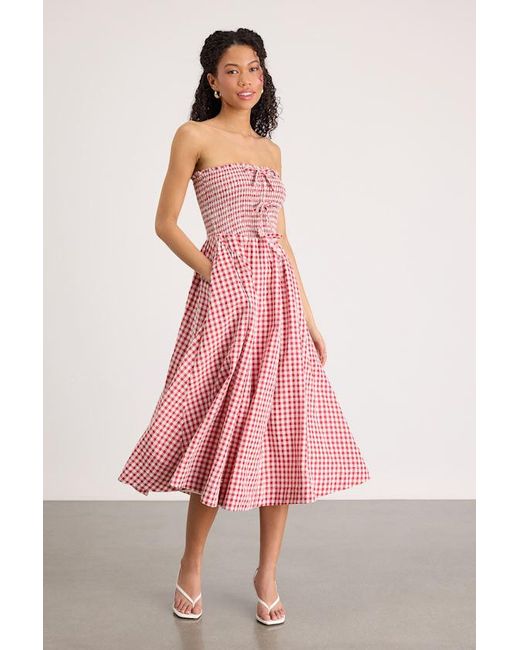 Lulus Pink Clementina Gingham Smocked Midi Dress
