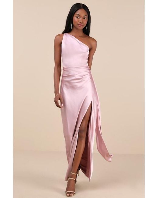 Lulus Pink Signature Elegance Dusty Satin One-Shoulder Maxi Dress