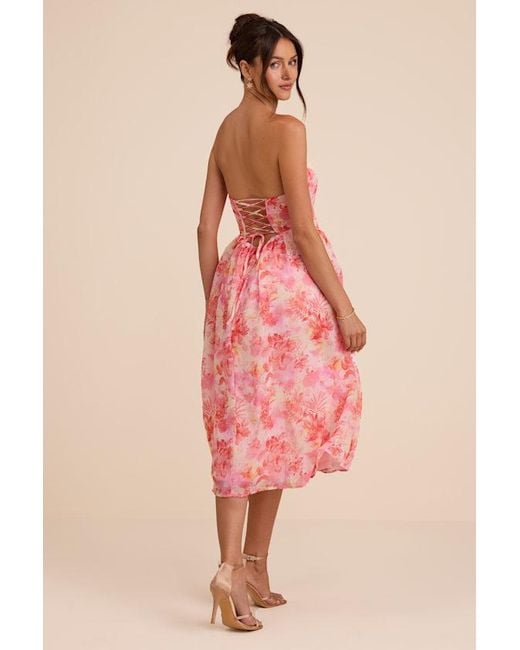 Lulus Pink Eulalia Floral Lace-Up Strapless Bustier Midi Dress