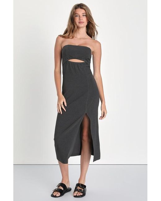 Lulus Black Feelin' The Heat Dark Ribbed Strapless Cutout Midi Dress