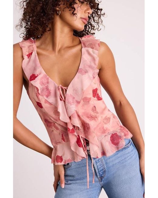 Lulus Red Ivanna Dusty Floral Ruffled Tie-Front Tank Top