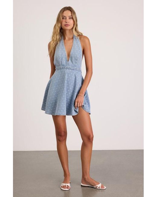 Lulus Blue Neese Light Wash Polka Dot Denim Mini Dress