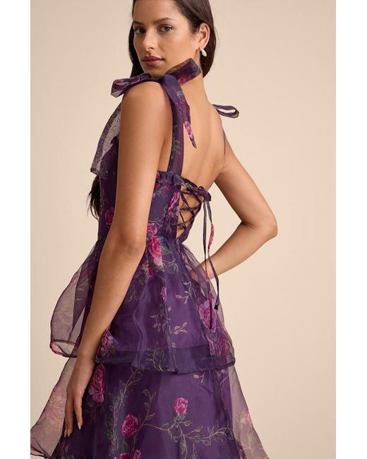Lulus Women's Purple Fairytale Cutie Floral Tie-Strap Tiered Midi