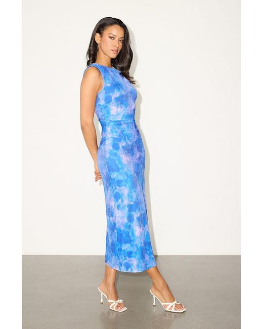Lulus Blue Elyra Floral Mesh Ruched Crew Neck Midi Dress