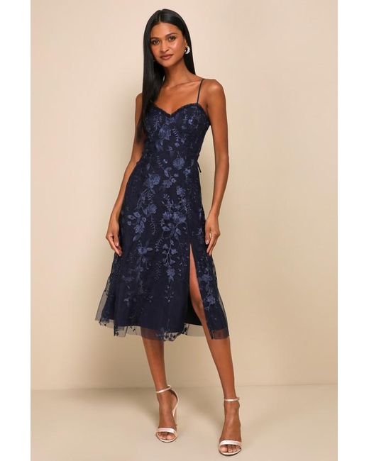 Lulus Blue Charmingly Sophisticated Tulle Embroidered Midi Dress