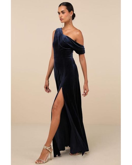 Lulus Blue Coveted Confidence Velvet Asymmetrical Maxi Dress