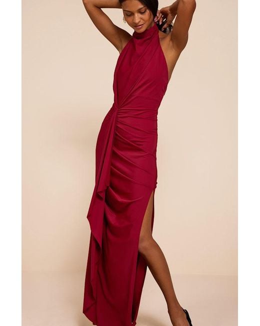Lulus Red Mystras Slinky Knit Backless Halter Maxi Dress