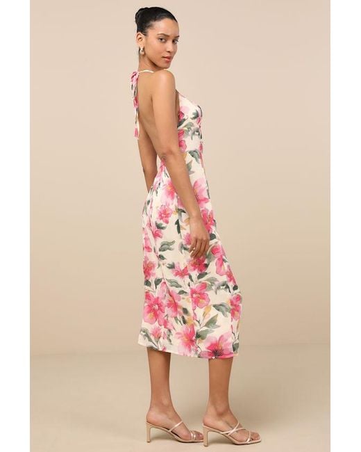 Lulus Pink Harleigh Floral Column Halter Midi Dress
