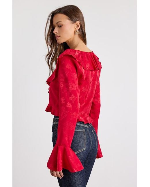 Lulus Red Esmina Jacquard Ruffled Tie-Front Top