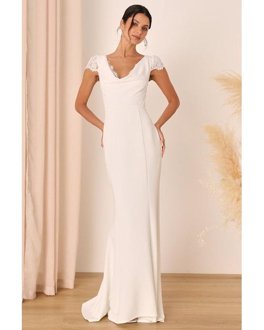 Lulus Natural Forever Beloved Lace Cap Sleeve Mermaid Maxi Dress