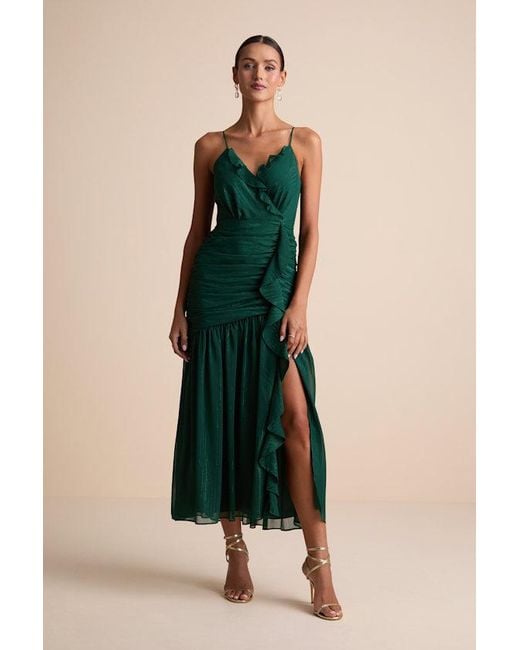 Lulus Green Stunning Soiree Emerald Lurex Ruched Midi Dress