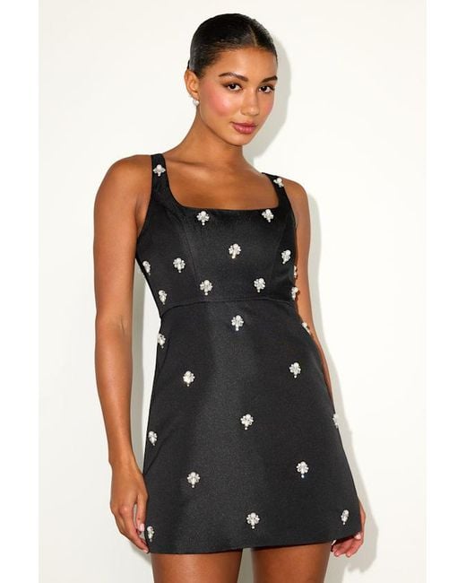 Lulus Black Naveena Satin Pearl Rhinestone Mini Dress