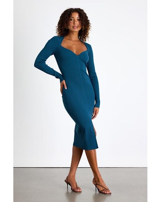 Lulus Blue Adoring Me Dark Ribbed Long Sleeve Midi Sweater Dress
