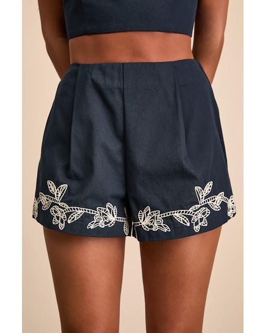 Lulus Blue Sarella Cotton High-Rise Embroidered Shorts