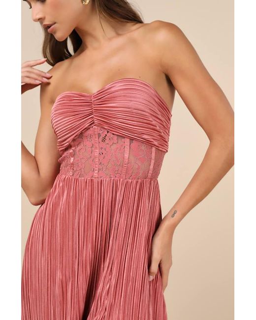 Lulus Red Desme Rose Satin Plisse Strapless Maxi Dress