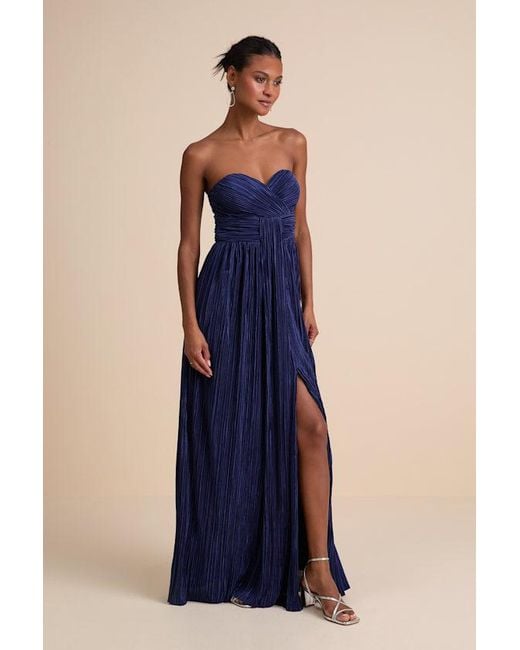 Lulus Blue Oswin Satin Plisse Strapless Maxi Dress