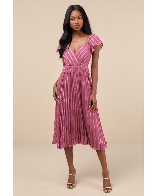 Lulus Pink Standout Sophistication Lurex Flutter Sleeve Midi Dress