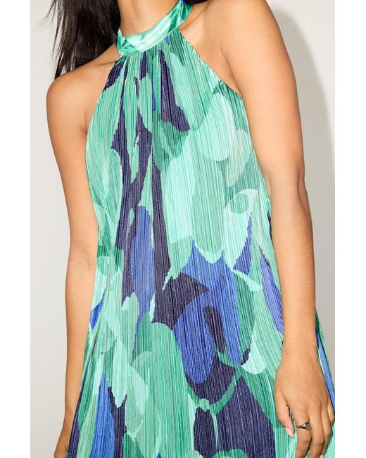 Lulus Green Vaivah Abstract Satin Plisse Mock Neck Swing Mini Dress