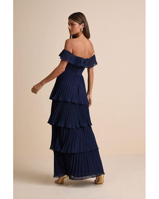 Lulus Blue Always Remarkable Pleated Off-The-Shoulder Maxi Dress