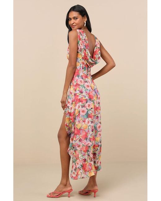 Lulus Pink Laraline Multi Floral Ruffled Cowl Back Maxi Dress