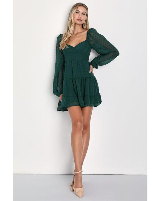 Lulus Green Longing And Love Emerald Swiss Dot Puff Long Sleeve Mini Dress