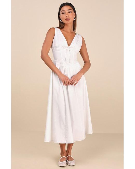 Lulus Natural Lettie Poplin Plunge Neck Midi Dress
