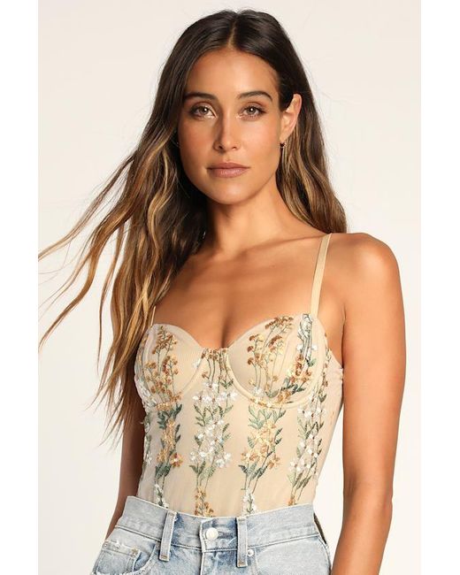 Lulus Natural Essence Of Elegance Embroidered Bustier Bodysuit