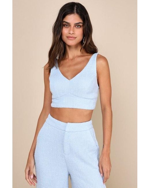 Lulus Blue Chic And Sophisticated Tweed Cropped Tank Top