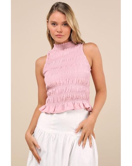 Lulus Pink Rebekka Smocked Mock Neck Peplum Sleeveless Top