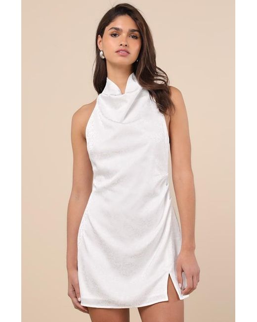 Lulus Natural Simply A Stunner Jacquard Cowl Backless Mini Dress
