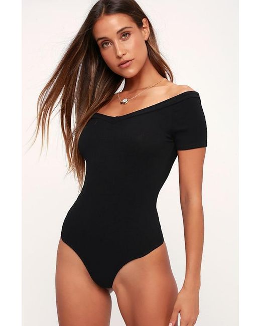 Lulus Black Sandpiper Ribbed Off-The-Shoulder Bodysuit