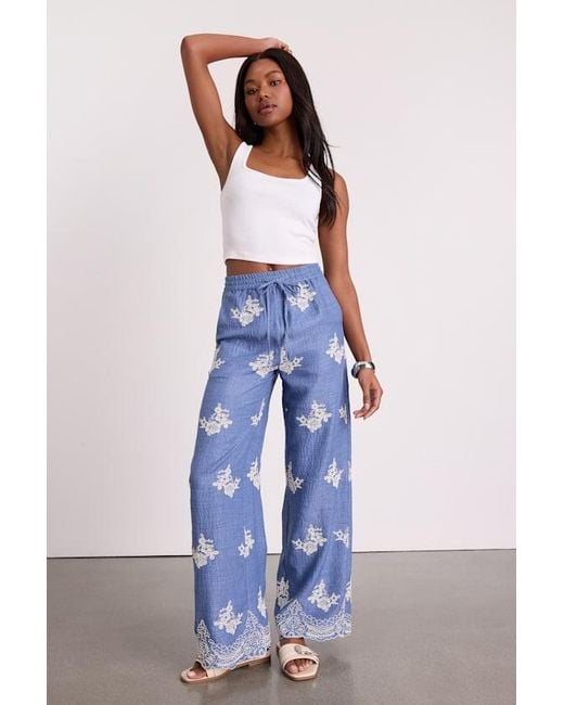 Lulus Blue Havana Embroidered Drawstring Wide-Leg Pants