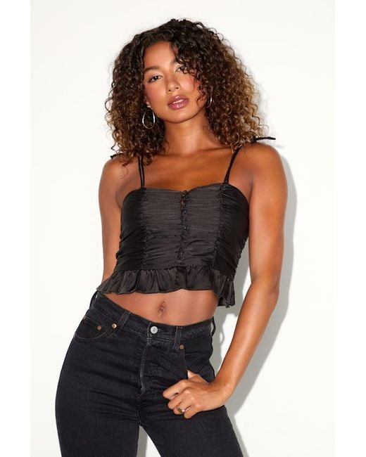 Lulus Black Elliena Satin Ruched Tie-Strap Peplum Crop Top