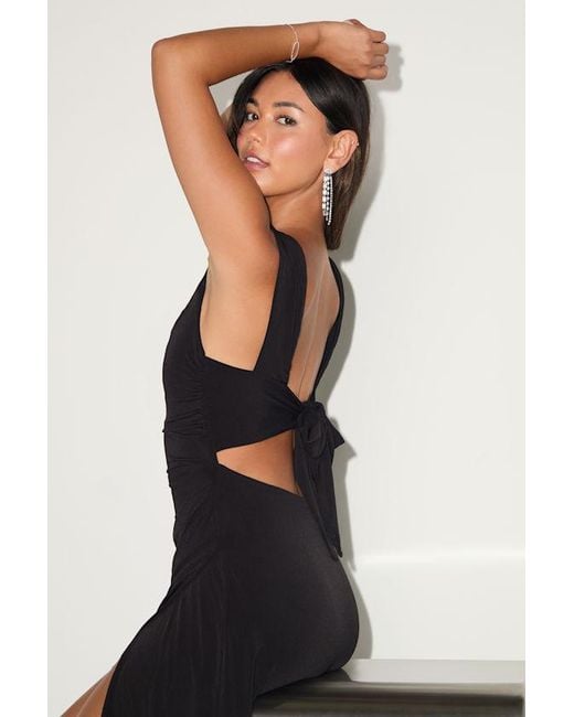 Lulus Black Sweetheart Glam Slinky Knit Tie-Back Mini Dress