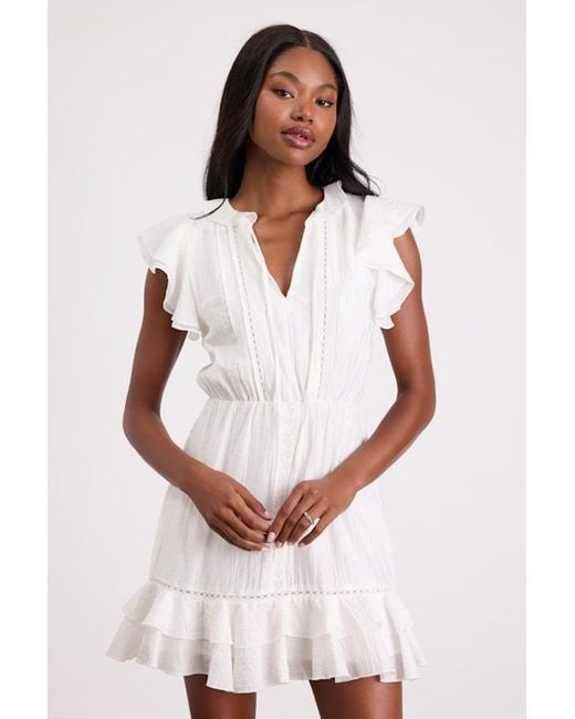 Lulus Natural Tanaya Flutter Sleeve Tiered Mini Dress
