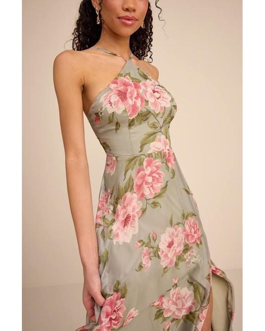 Lulus Natural Romantic Marvel Sage Floral Print Halter Neck Maxi Dress