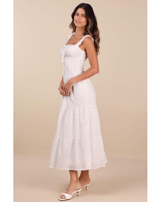 Lulus Natural Nerissa Eyelet Embroidered Ruffled Drop Waist Midi Dress
