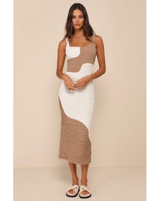 Lulus Natural Instantly Adored Taupe And Cream Color Block Textured Midi Dress