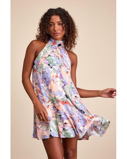 Lulus Blue Tied Back To You Multi Floral Print Mini Shift Dress