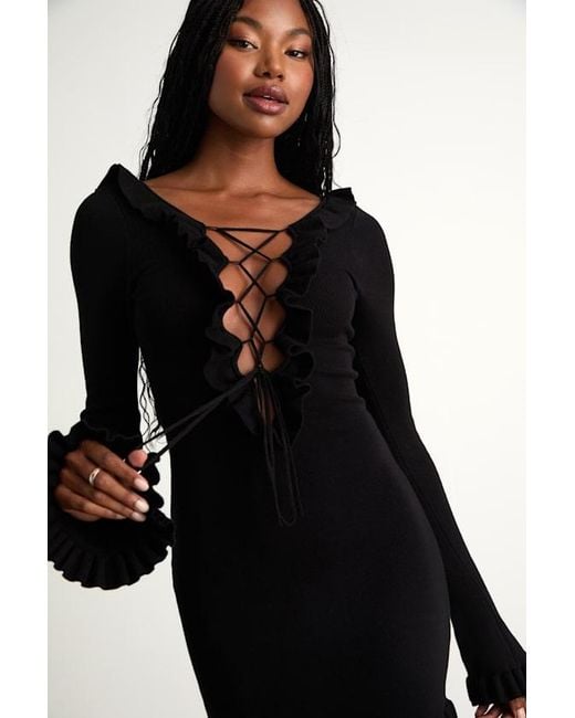 Lulus Black Haylea Ribbed Lace-Up Ruffled Sweater Mini Dress