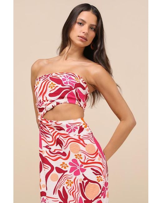 Lulus Pink Zisel And Floral Cutout Strapless Midi Dress