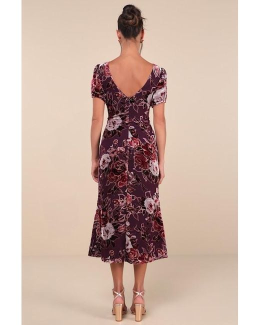 Lulus Pink Loving Approach Velvet Burnout Puff Sleeve Midi Dress
