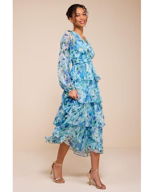 Lulus Blue Macy Multi Floral Tiered Midi Dress