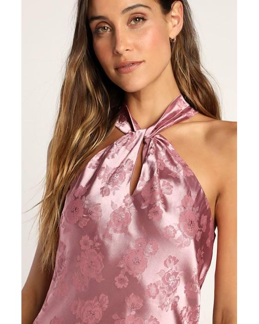 Lulus Pink Got The Key Satin Floral Jacquard Halter Mini Dress