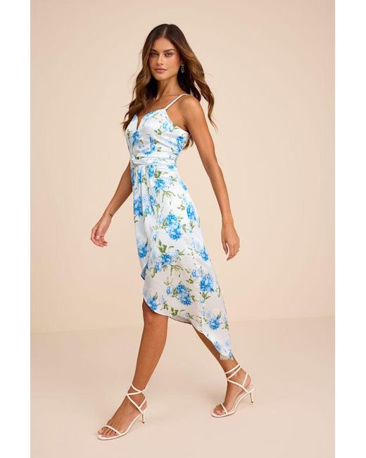 Lulus Blue My Favorite Day Floral Print Tulip Skirt Midi Dress