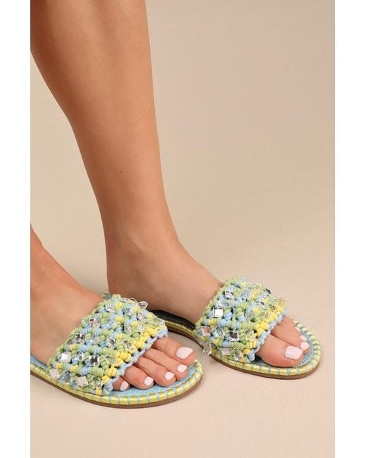 Jessica Simpson Blue Brennara Chambre Lizard Woven Rhinestone Slide Sandals