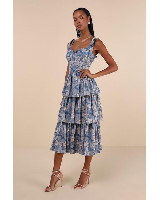 Lulus Blue Lovely Bliss Floral Jacquard Strapless Bustier Midi Dress