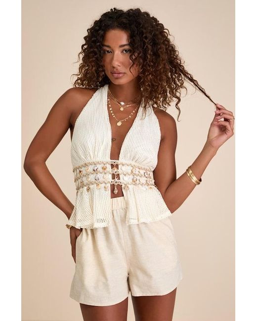 Lulus Natural Dione Cream Crochet Halter Seashell Charm Tank Top